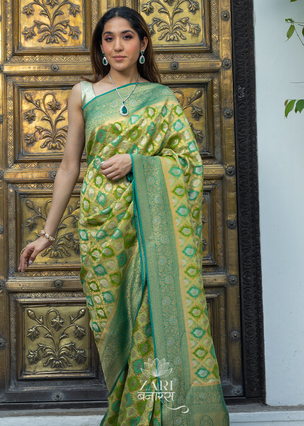 Phalgun : Rangkaat Khaddi Georgette Handloom Banarasi Saree in shades of Green (7490834432193)