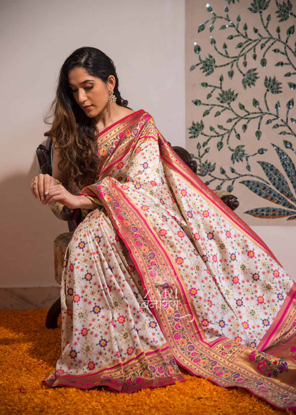 Buy Patola Silk Orange and Rose Pink Designer Traditional Saree Online