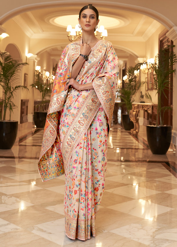 Multicolour White WOVEN JAMEWAR BANARASI SAREE (7070088954049)
