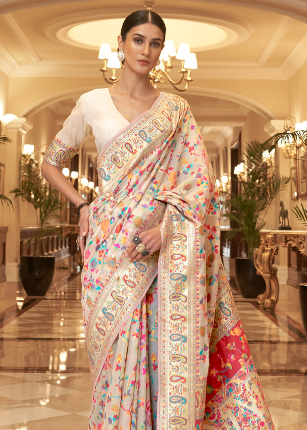 Multicolour White WOVEN JAMEWAR BANARASI SAREE (7070088954049)