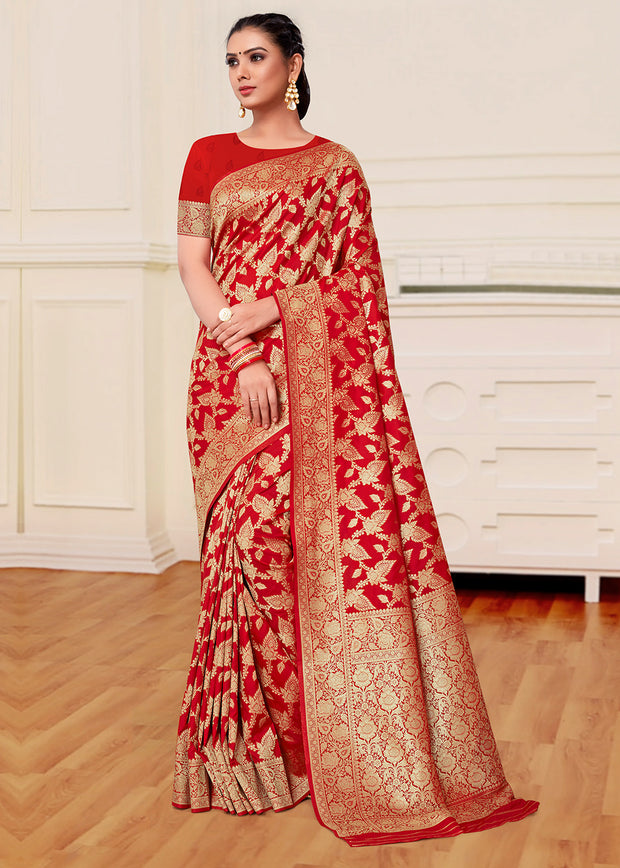 Tango Red Woven Banarasi Brocade Festive Saree (5664250593431) (10697715450049)