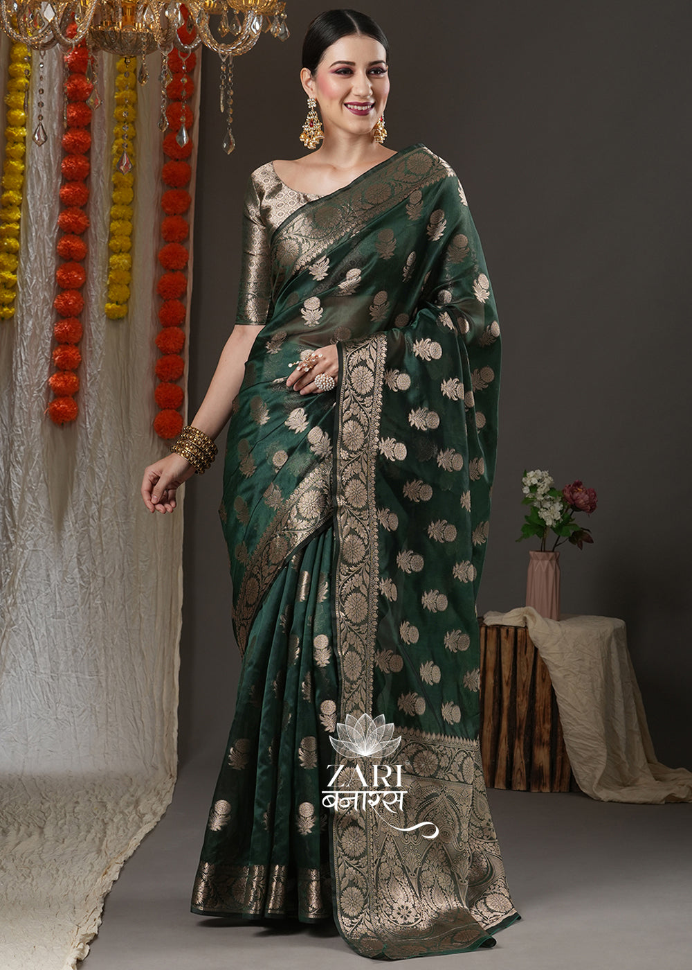 Buy Dark Green Banarasi Silk Saree With Blouse online-Karagiri