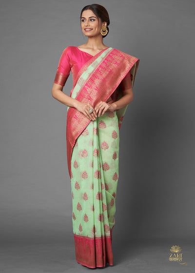 Pista green Banarasi cotton silk summer wear Saree (6557644161217)