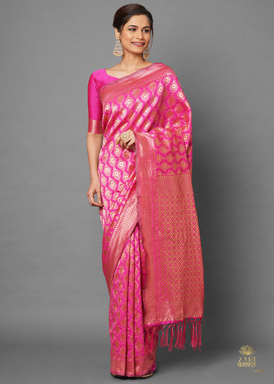 FESTIVE PINK AND GOLD WOVEN SILK SAREE (6557269262529)